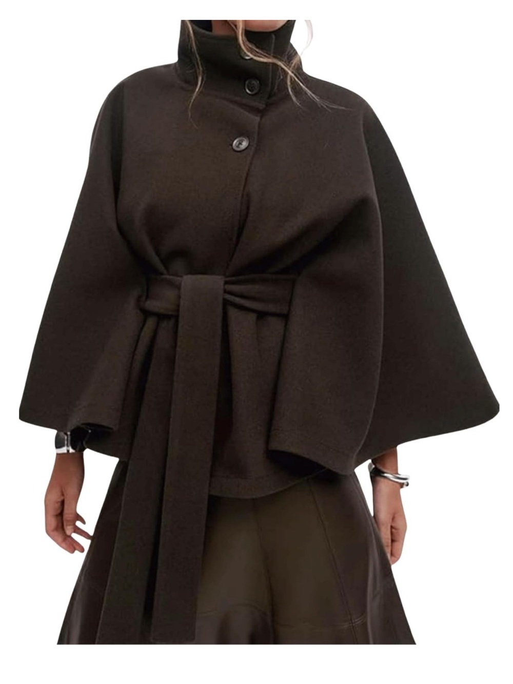 Wool Blend Pea Coat with Batwing Sleeves and Belted Waist Cropped Jacket Winter